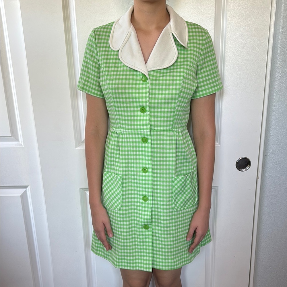 VINTAGE 60s cute green white gingham dress white collar M L pockets